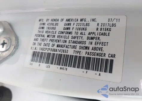 2011 Honda Accord 2.4 Se from USA, damaged, VIN 1HGCP2F68BA143650